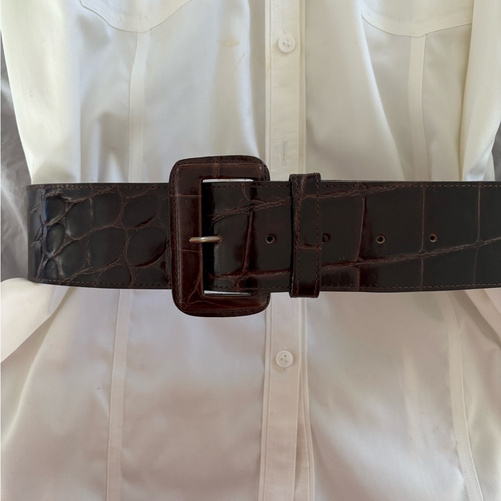 Richard Gampel belt, dark brown leather embossed. Made in France, 75 CM